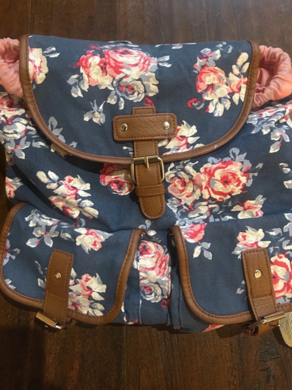 Candies Floral Navy Canvas Backpack with Brown Trim